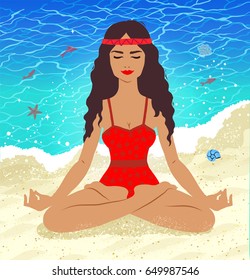Vector illustration of meditating young woman on beach background with sea surf and sand.
