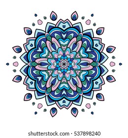 Vector illustration. Meditation anti stress.Decorative element for greeting cards or any  design-mandala. Flower design template for textile. Yoga symbol or logo. Round ornament. Blue snowflake, snow