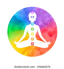 Vector illustration of meditation, aura and chakras with white female silhouette.