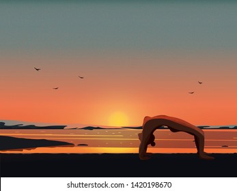Vector illustration of meditation by the beach while sunrise.Good looking woman doing yoga in l upward facing dog pose.Modern lifestyle of successful people.International Yoga Day on 21st June.