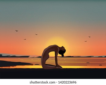 Vector illustration of meditation by the beach while sunrise.Good looking woman doing yoga in ustrasana or camel pose.Modern lifestyle of successful people.International Yoga Day on 21st June.