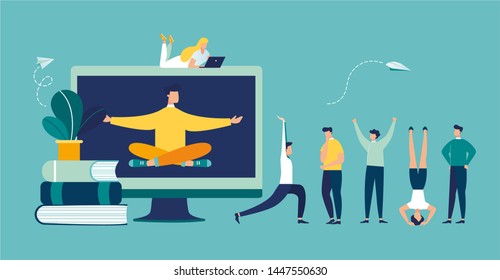 Vector illustration, meditation concept during work break, health benefits of body, mind and emotions, thought process, start and idea search-vector