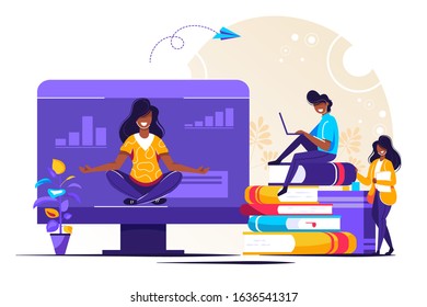 Vector illustration, meditation concept during work break, health benefits of body, mind and emotions, thought process, start and idea search-vector