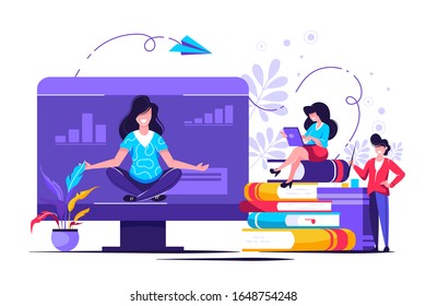 Vector illustration, meditation concept during work break, health benefits of body, mind and emotions, thought process, start and idea search-vector