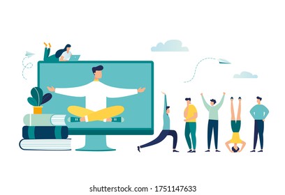 Vector illustration, meditation concept during work break, health benefits of body, mind and emotions, thought process, start and idea search-vector