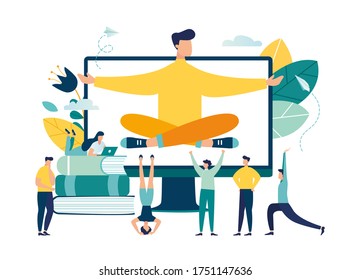 Vector illustration, meditation concept during work break, health benefits of body, mind and emotions, thought process, start and idea search-vector