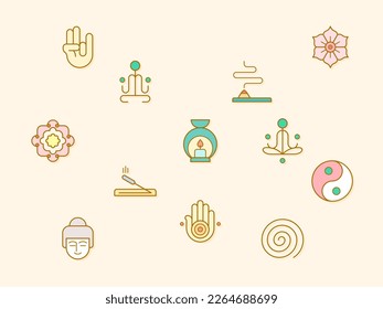 Vector illustration of a meditation elements. Contains such as lotus, relaxation, wellness, zen, meditate, mind and more. Flat illustration style line drawing and background color beige