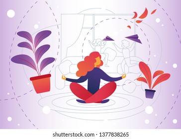 Vector Illustration Meditation at Home Cartoon. Woman Gets Pleasure Relaxation through Meditation. Distraction from Household Chores and Parenting. Turn Off Attention and Forget all Difficulties.