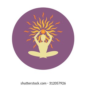 Vector illustration of meditation in lotus yoga posture with sun on the background, energy of the sun spreads on the meditating person