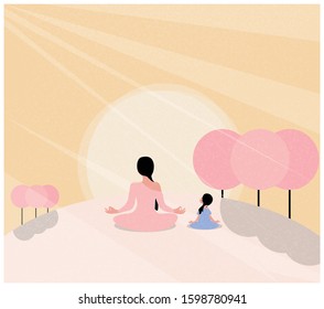 Vector illustration of meditation in spring.Mother and daughter doing yoga in lotus position.Flower blooming and sunshine.International Yoga Day on 21st June.Spring people activities or Mother day.