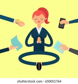 Vector illustration. Meditation at work. The girl does yoga to calm down and come in a good mood. Workflow, multitasking, stress. Flat characters.