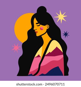 Vector illustration with meditative woman, mountain landscape, moon, and stars. Trendy apparel print design, female cosmetics emblem template