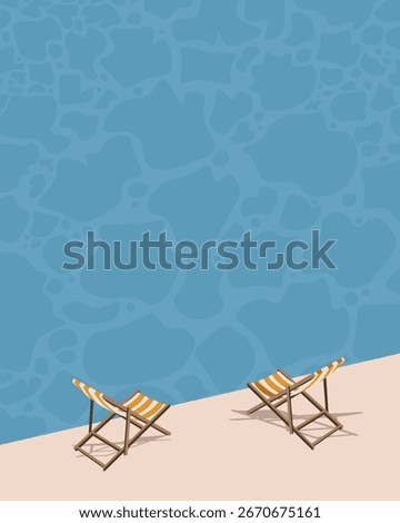 Vector illustration. Mediterranean beach, beach chairs, rest, sea, pool. Poster, postcard, cover, banner. Modern design. Summer scene.