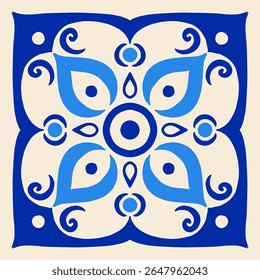 Ilustración vectorial con azulejos de cerámica mediterránea con motivos florales y geométricos dibujados a mano en colores azul y beige