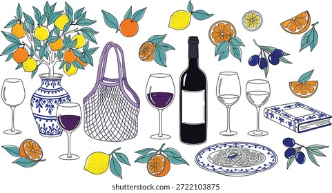 Ilustração vetorial de elementos de estilo de vida mediterrâneo com comida, vinho, frutasIlustração vetorial de elementos de estilo de vida mediterrâneo com comida, vinho, frutas