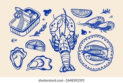 Ilustração vetorial de frutos do mar mediterrâneo em estilo dolce vita, sardinhas, camarões, ostras, lagosta, limão, peixe enlatado, prato, ervas, arte da linha azul no fundo bege