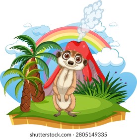 Vector illustration of a meerkat on an island with palm trees, volcano, and rainbow.
