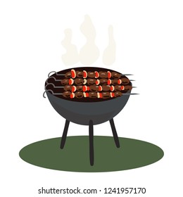 Vector illustration of meet with wegetables on grill.Shashlik,barbecue