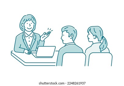 Vector illustration of a meeting between a female salesperson and a customer (couple)