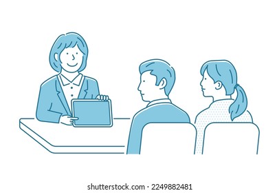 Vector illustration of a meeting between a female salesperson and a customer (couple) | using a tablet