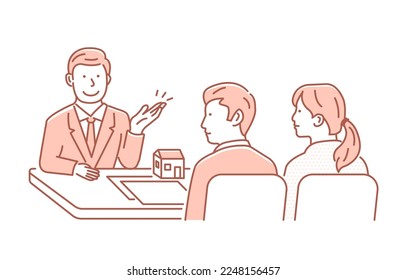 Vector illustration of a meeting between a house designer and a customer (couple)