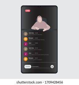 Vector illustration of meeting / classroom video conference or live streaming on social media in a smartphone.