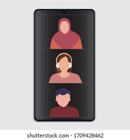 Ilustración vectorial de una conferencia de video en el salón de clases o transmisión en vivo en los medios sociales en un smartphone.
