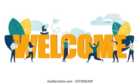 Vector illustration, meeting, greeting concept, characters standing near the word greetings and giving greetings signs vector