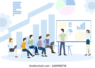 Vector illustration of a meeting of office workers.The concept of the emergence of new ideas.Creative design for web banner, interactive presentation, Internet advertising.