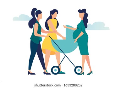 Vector illustration, meeting pregnant women and young mothers, baby birth