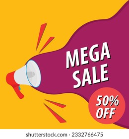 Ilustración vectorial del anuncio de mega venta con megáfono sobre fondo violeta y amarillo. Banner de descuento de compras, volante y plantilla de promoción.