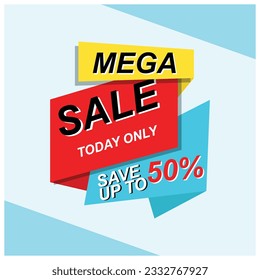 Ilustración vectorial del anuncio de mega venta con fondo azul. Concepto de banner de descuento de compra, volante y plantilla de promoción. Diseño de elementos de anuncios para web o medios sociales.