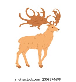 Vector illustration of Megaloceros, isolated on white background. Concept of prehistoric period animals, cartoon character hand drawn design style