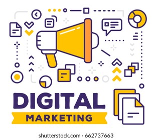Vector illustration of megaphone with business icons. Digital marketing concept on white background with title. Thin line art design for web, site, banner, poster, business presentation
