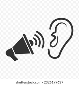 Vector illustration of megaphone to ear icon in dark color and transparent background(PNG).
