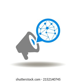Vector illustration of megaphone with earth planet speech bubble. Icon of PR Public Relations. Symbol of global promotion. Sign of international advertising.