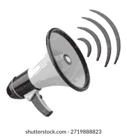 Ilustración vectorial de un megáfono con un diseño clásico de efecto semitono. Las ondas sonoras emanan de la campana, perfectas para conceptos de anuncio o comunicación.