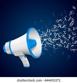 Vector illustration of megaphone with flying letters. Red and blue bullhorn public address megaphone