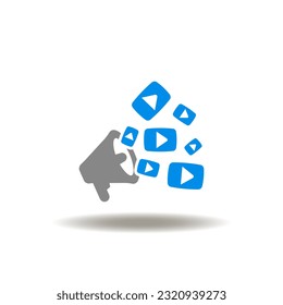 Vector illustration of megaphone and flying stream of play button. Icon of video marketing. Symbol of online media advertising.