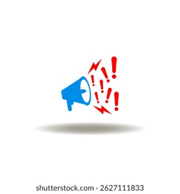 Vector illustration of megaphone or loudspeaker screaming by exclamation marks and lightning. Symbol of complain. Icon of bad rating review.