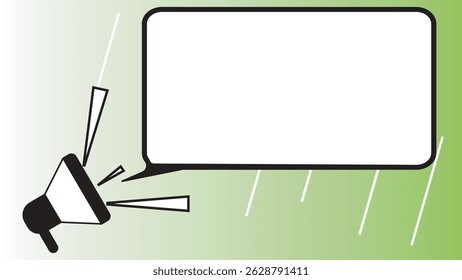 Vector illustration of a megaphone projecting a speech bubble on a green gradient background. Ideal for announcements, marketing, advertising, and promotional content.