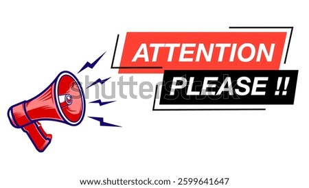 Vector illustration of Megaphone speaker with lightning flash and text Attention please in the box. Red Horn, Loudspeaker communication, attention, advertising, information, announcement, alert