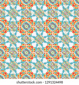 Vector illustration. Mehndi design in blue, yellow and brown colors. Tracery seamless pattern. Ethnic colorful doodle texture. Curved doodling background.