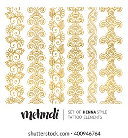 Vector illustration of mehndi pattern, set of seamless borders. Traditional indian style, ornamental floral elements for henna tattoo, golden stickers, flash temporary tattoo, mehndi and yoga design
