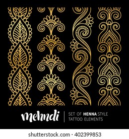 Vector Illustration Of Mehndi Pattern, Set Of Seamless Borders. Traditional Indian Style, Ornamental Floral Elements For Henna Tattoo, Golden Stickers, Flash Temporary Tattoo, Mehndi And Yoga Design