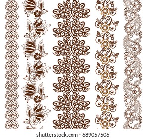 Vector illustration of mehndi pattern, set of seamless borders.Set of eastern borders with paisley.