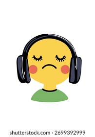 Ilustración vectorial melancólica cara sonriente con auriculares