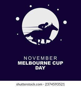 Vector illustration of Melbourne Cup Day November, design with silhouettes of people racing horses on  purple background