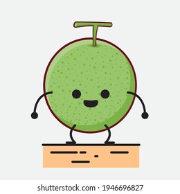 Vektorgrafik von Melon Fruit Character mit süßem Gesicht, einfachen Händen und Beinlinien Kunst auf isoliertem Hintergrund. Flacher Cartoon-Doodle-Stil.