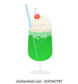 Vector illustration of melon soda float with vanilla ice cream isolated on background.